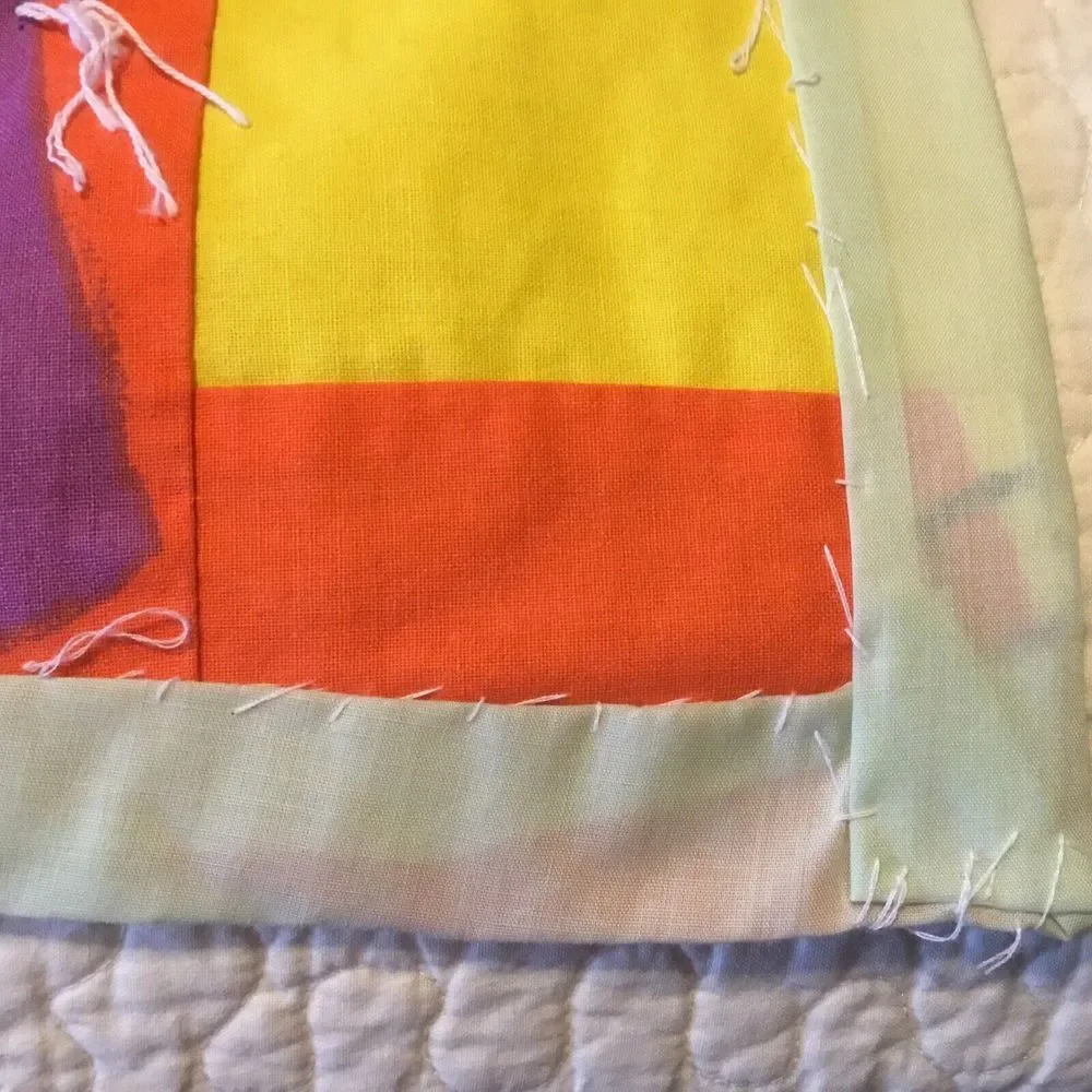 Vintage Hand Sewed Baby Patchwork Quilt‎ 70s White tacked Yellow Orange 60x39